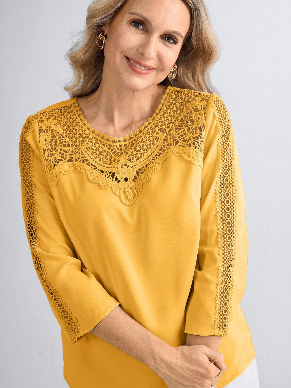 Miaspire Women's Elegant Golden Yellow Eyelet Top, Custom Floral Collar Insert Casual Vacation Summer Tea Party Blouse, Mother's Day Gift For Mom