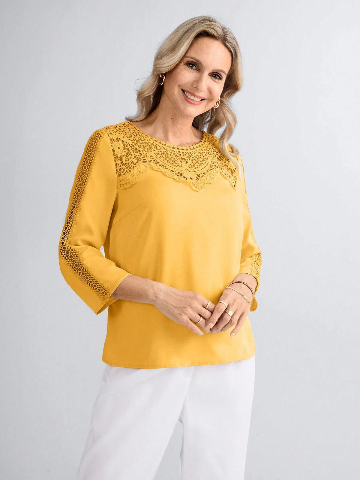 Miaspire Women's Elegant Golden Yellow Eyelet Top, Custom Floral Collar Insert Casual Vacation Summer Tea Party Blouse, Mother's Day Gift For Mom