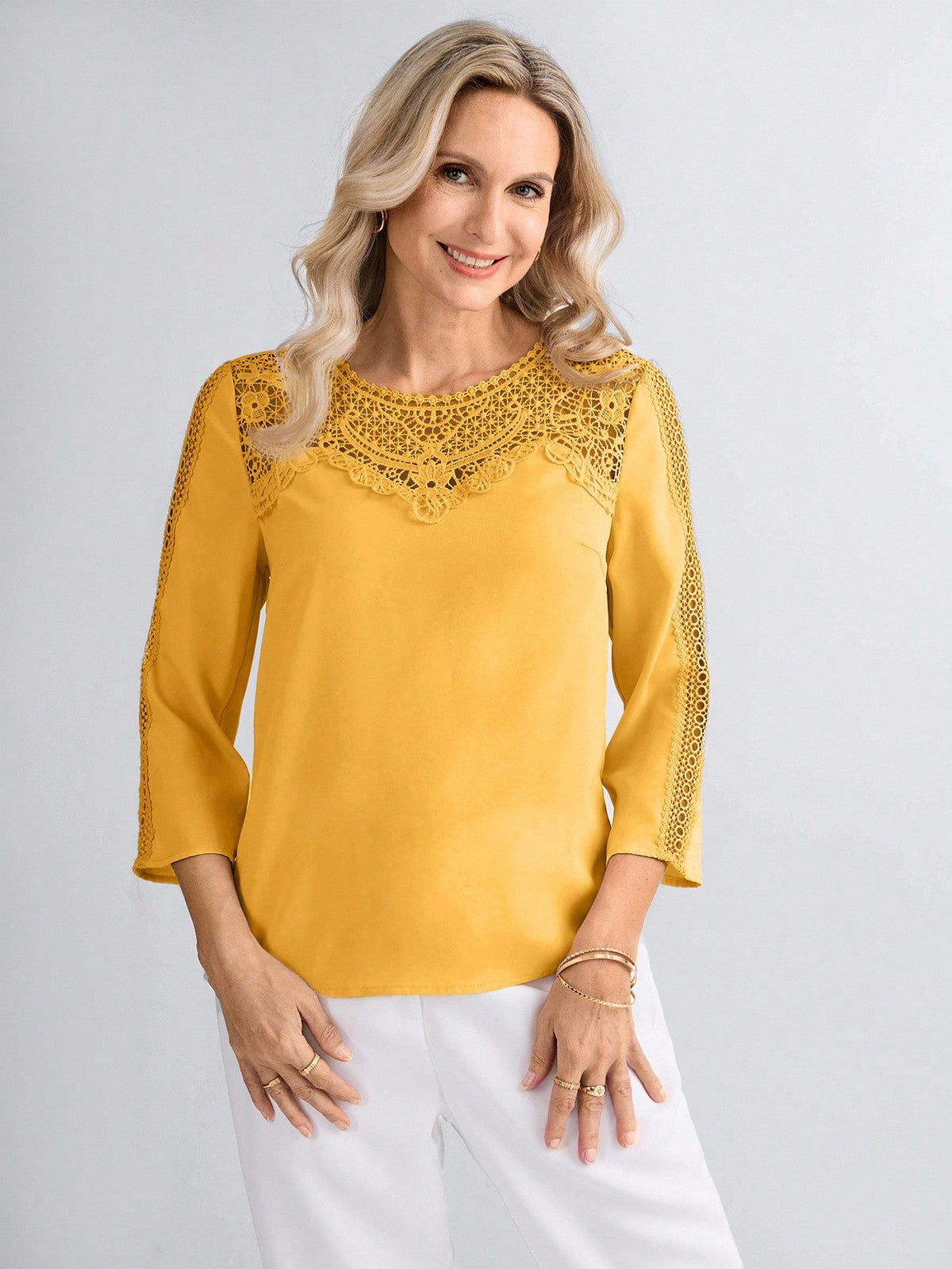 Miaspire Women's Elegant Golden Yellow Eyelet Top, Custom Floral Collar Insert Casual Vacation Summer Tea Party Blouse, Mother's Day Gift For Mom