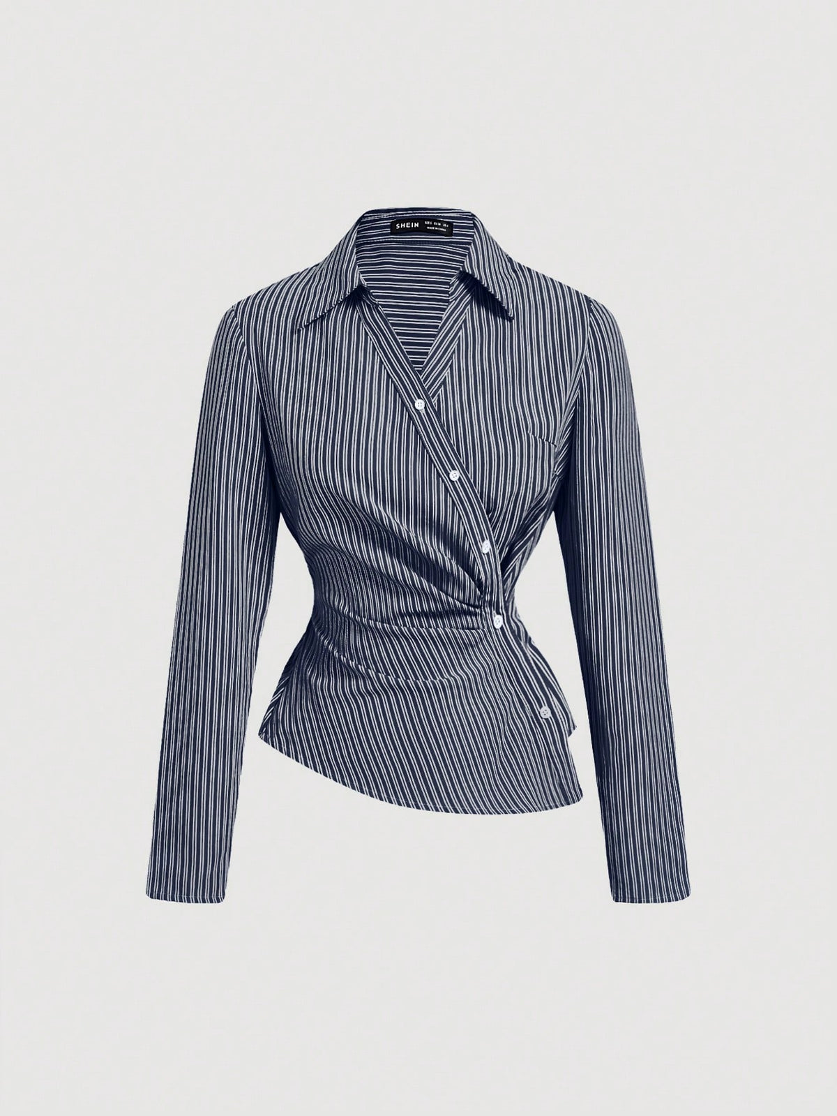 MOD Women's Navy & White Striped Turndown Collar Fold-Over Long Sleeve Business Casual Women Blouses,Autumn Office Work Shirt,90s Tops,Fall