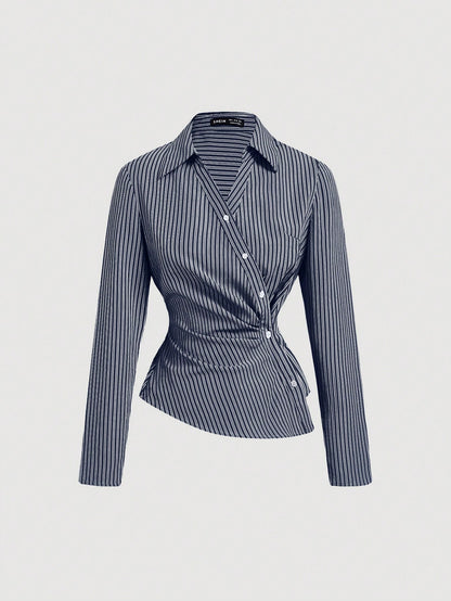 MOD Women's Navy & White Striped Turndown Collar Fold-Over Long Sleeve Business Casual Women Blouses,Autumn Office Work Shirt,90s Tops,Fall