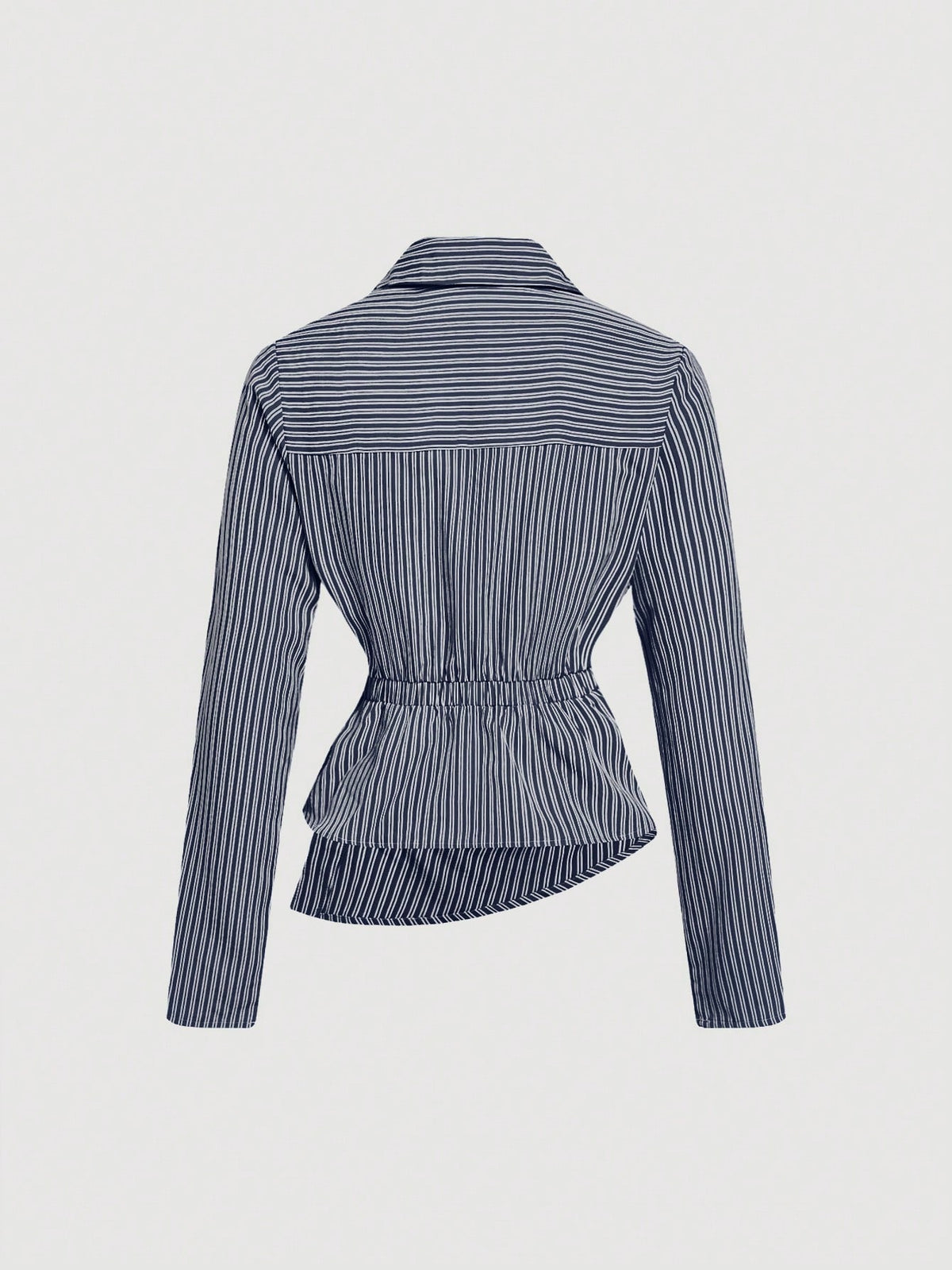 MOD Women's Navy & White Striped Turndown Collar Fold-Over Long Sleeve Business Casual Women Blouses,Autumn Office Work Shirt,90s Tops,Fall