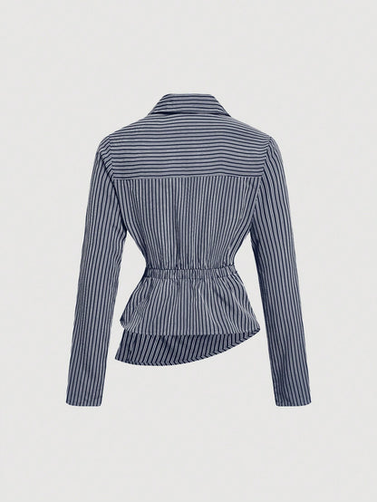 MOD Women's Navy & White Striped Turndown Collar Fold-Over Long Sleeve Business Casual Women Blouses,Autumn Office Work Shirt,90s Tops,Fall