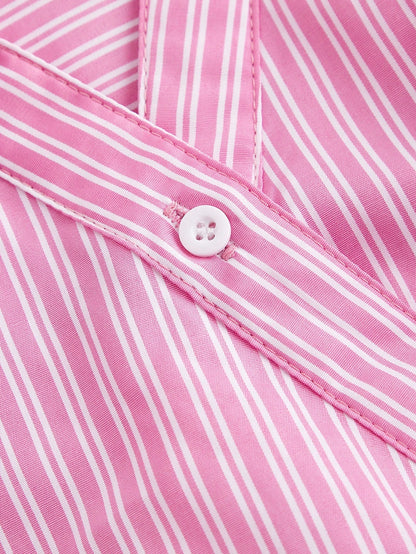 MOD Women's Navy & White Striped Turndown Collar Fold-Over Long Sleeve Business Casual Women Blouses,Autumn Office Work Shirt,90s Tops,Fall
