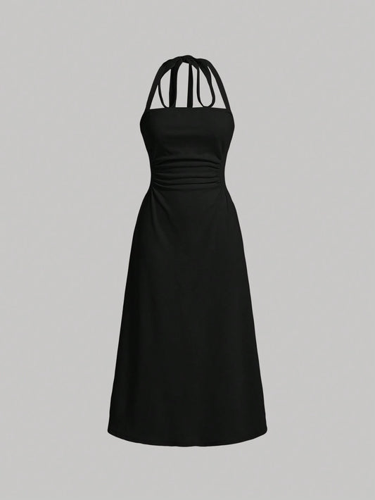 MOD Women's Pleated Ruched Waist Halter Neck Slim Fit Black Prom Dress