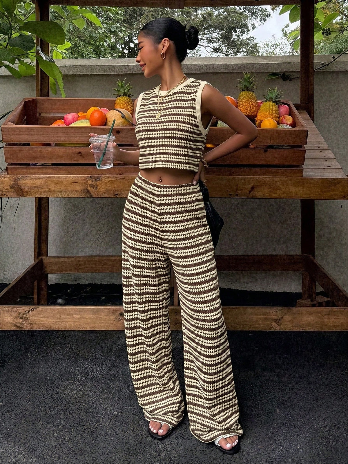 Muchica Women's Summer White And Brown Stripe Knit 2-Piece Outfit, Sleeveless Crop Top Wide Leg Pants Co-Ord, Casual Resort Holiday Set, Vacation Outfits