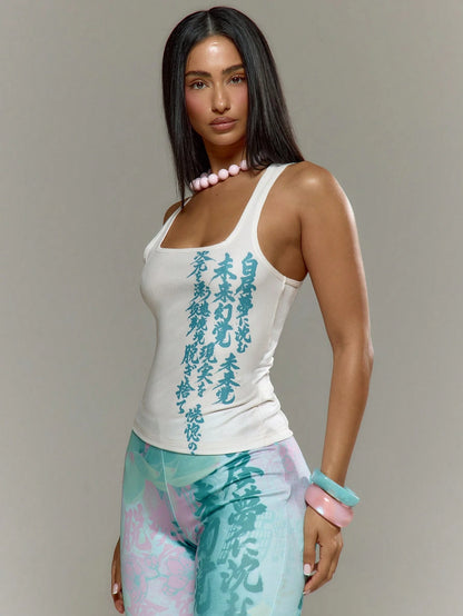 MUSERA Graphic Printed Vest Tank Square Neck Top Spring Summer Holiday Vacation Ibiza Festival Y2K Psyche