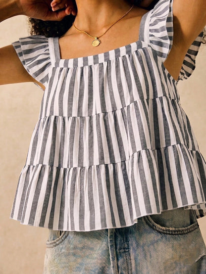 Muvela Women's Casual Multi-Layer Ruffle Cap Sleeve Loose Blouse, Striped Shirt, Summer Clothing For Ladies, 2025 New Vintage,Women's Casual Top, Suitable For Daily Street Wear, Summer Top, Suitable