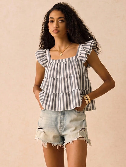 Muvela Women's Casual Multi-Layer Ruffle Cap Sleeve Loose Blouse, Striped Shirt, Summer Clothing For Ladies, 2025 New Vintage,Women's Casual Top, Suitable For Daily Street Wear, Summer Top, Suitable