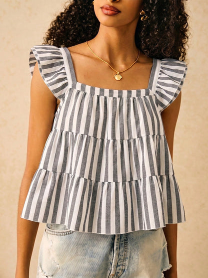 Muvela Women's Casual Multi-Layer Ruffle Cap Sleeve Loose Blouse, Striped Shirt, Summer Clothing For Ladies, 2025 New Vintage,Women's Casual Top, Suitable For Daily Street Wear, Summer Top, Suitable