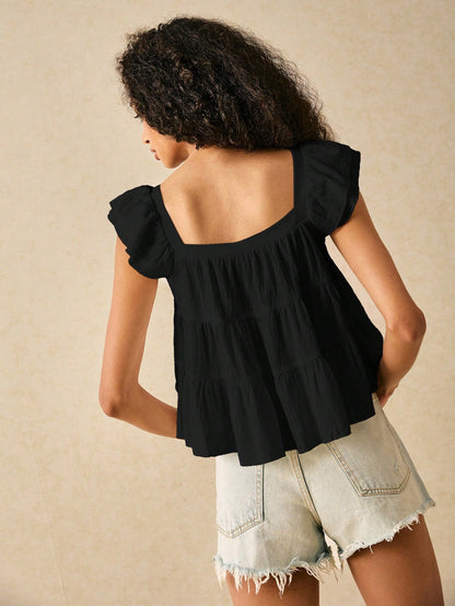 Muvela Women's Casual Multi-Layer Ruffle Cap Sleeve Loose Blouse, Striped Shirt, Summer Clothing For Ladies, 2025 New Vintage,Women's Casual Top, Suitable For Daily Street Wear, Summer Top, Suitable
