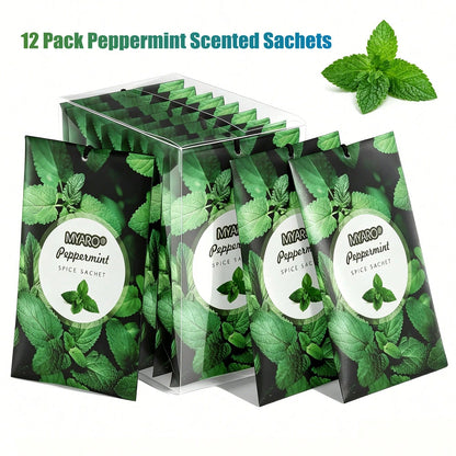 MYARO 12 Pack Peppermint Scented Sachets For Drawer, Closet Odor Eliminator Air Freshener Bags, Cool Mint Fragrance For Car & Home Aroma