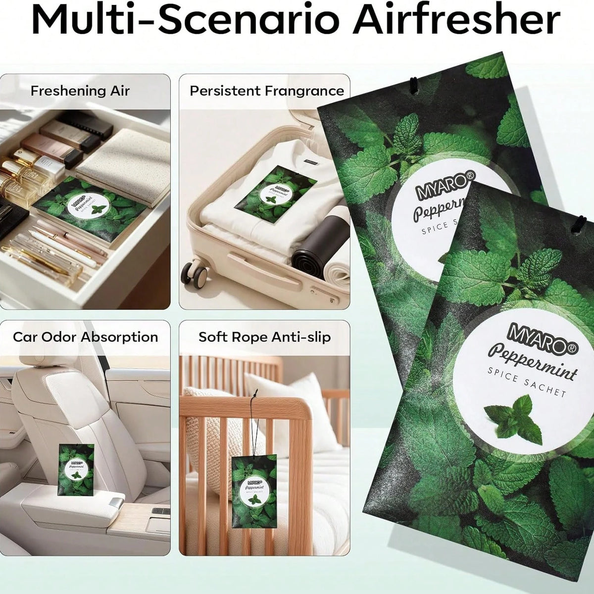 MYARO 12 Pack Peppermint Scented Sachets For Drawer, Closet Odor Eliminator Air Freshener Bags, Cool Mint Fragrance For Car & Home Aroma