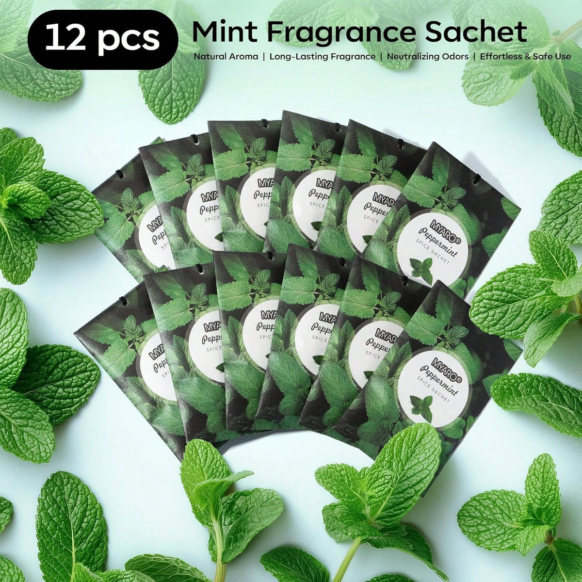 MYARO 12 Pack Peppermint Scented Sachets For Drawer, Closet Odor Eliminator Air Freshener Bags, Cool Mint Fragrance For Car & Home Aroma