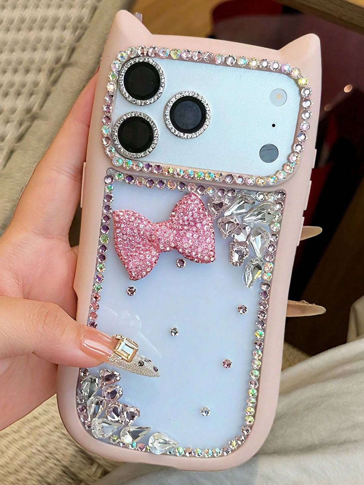 New Shiny Cat Ear High-End Protective Phone Case, Cute 3D Bow Diamond Shockproof Cover, Compatible With Iphone 17 Pro Max/17e, New Fashionable 16 Pro Max/13/14/15/16e