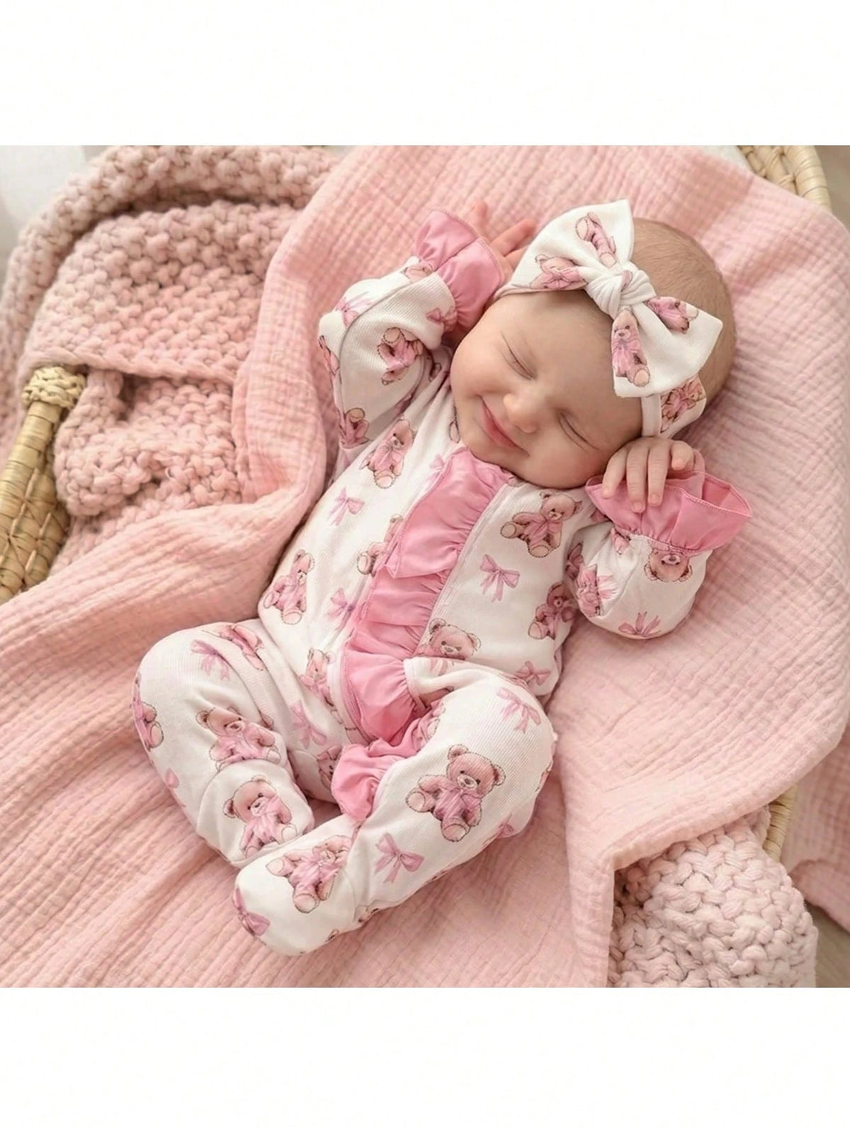 Newborn Baby Cute Knitted Cartoon Bear Pattern Romper With Headband Set