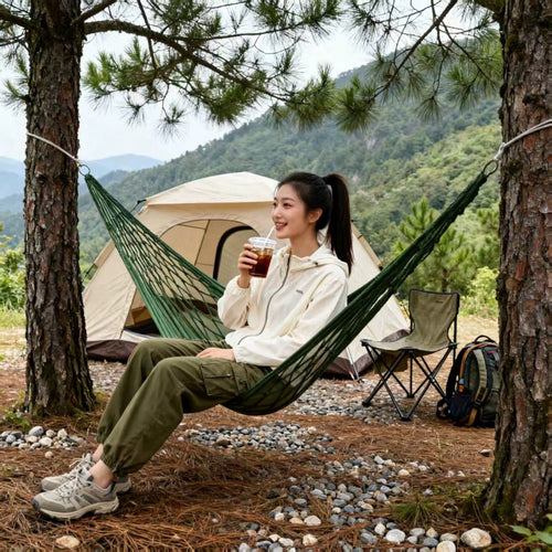 Nylon Rope Mesh Hammock, Outdoor Sleeping Net Bed, Portable Camping Garden Beach Yard Travel Hammock, Hanging Bed Swing
