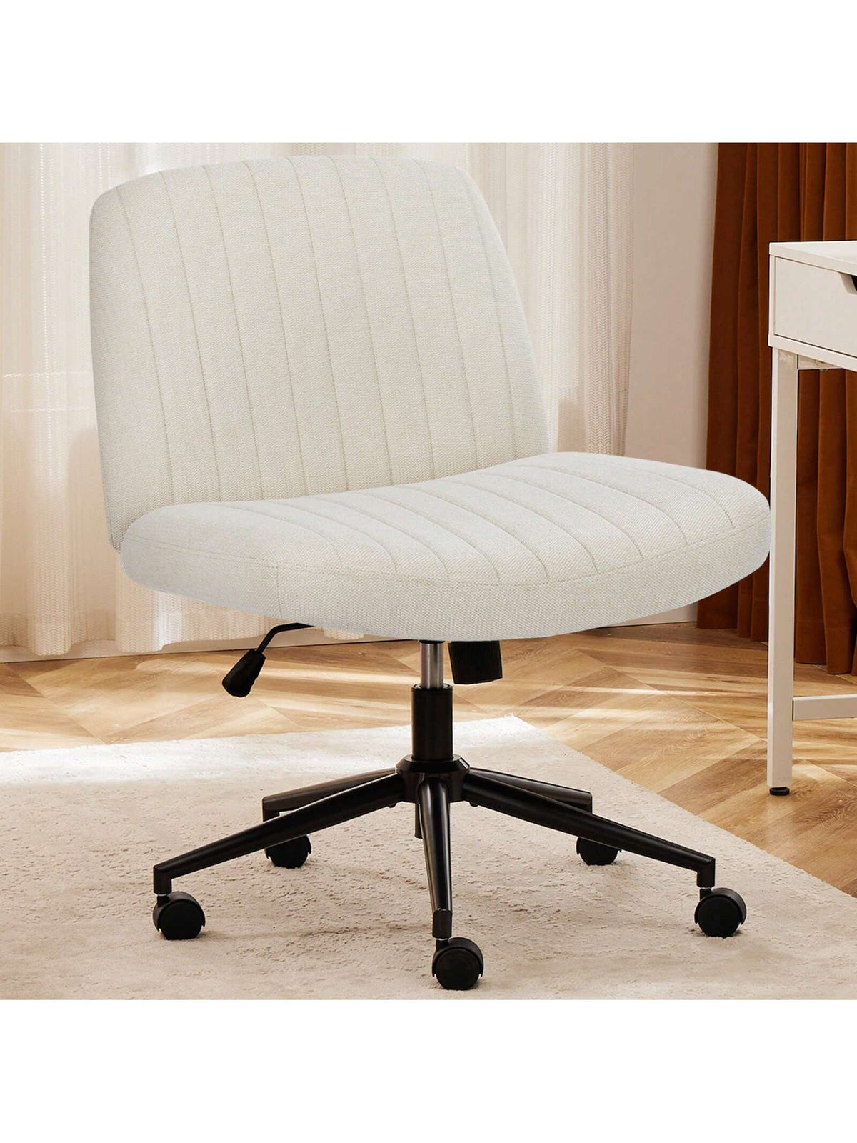 OLIXIS Criss Cross Legged Chair With Wheels, Home Office Desk Chair Wide Seat Fabric Armless Height Adjustable 360° Swivel Chair For Vanity/Work
