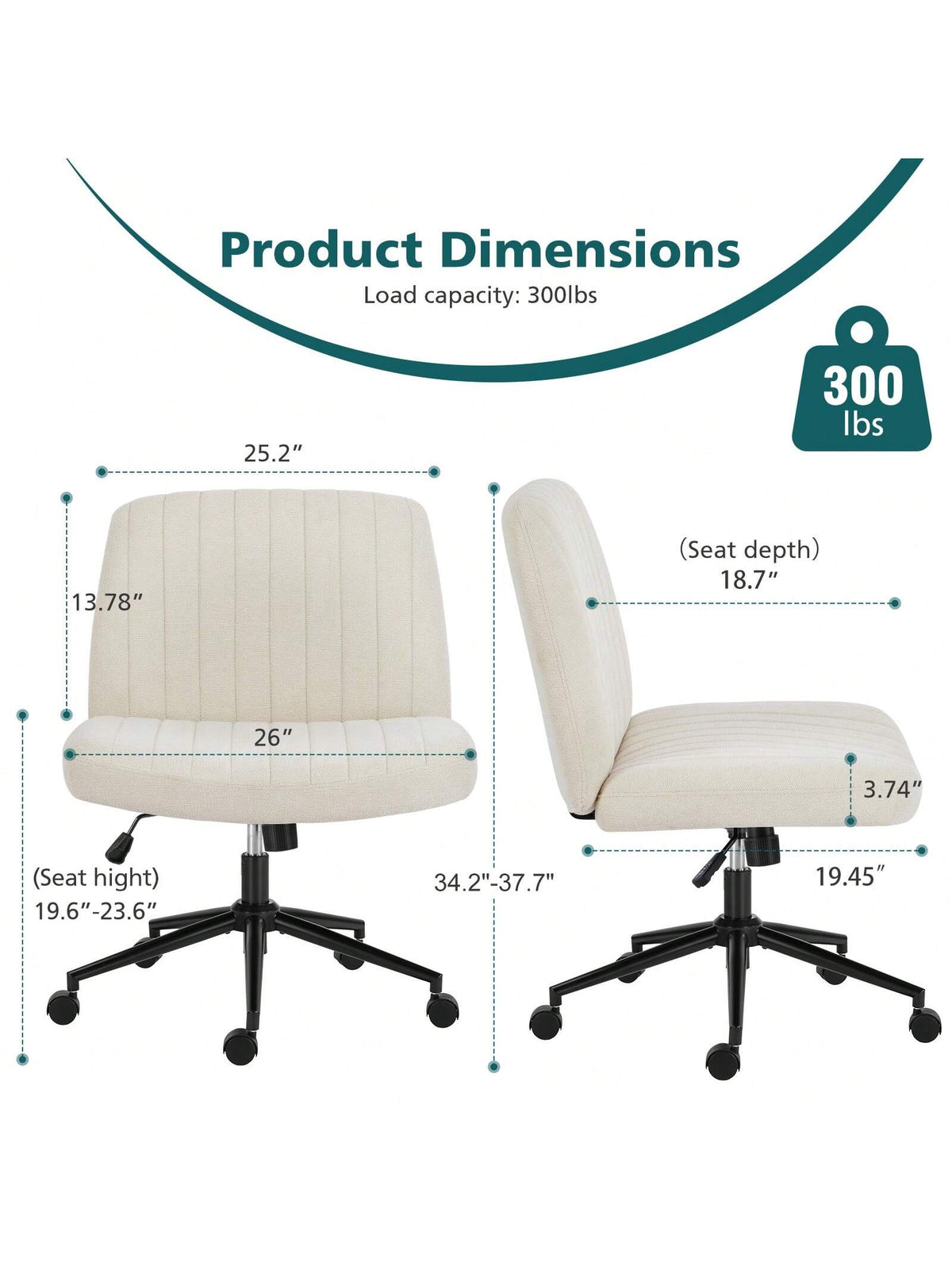OLIXIS Criss Cross Legged Chair With Wheels, Home Office Desk Chair Wide Seat Fabric Armless Height Adjustable 360° Swivel Chair For Vanity/Work