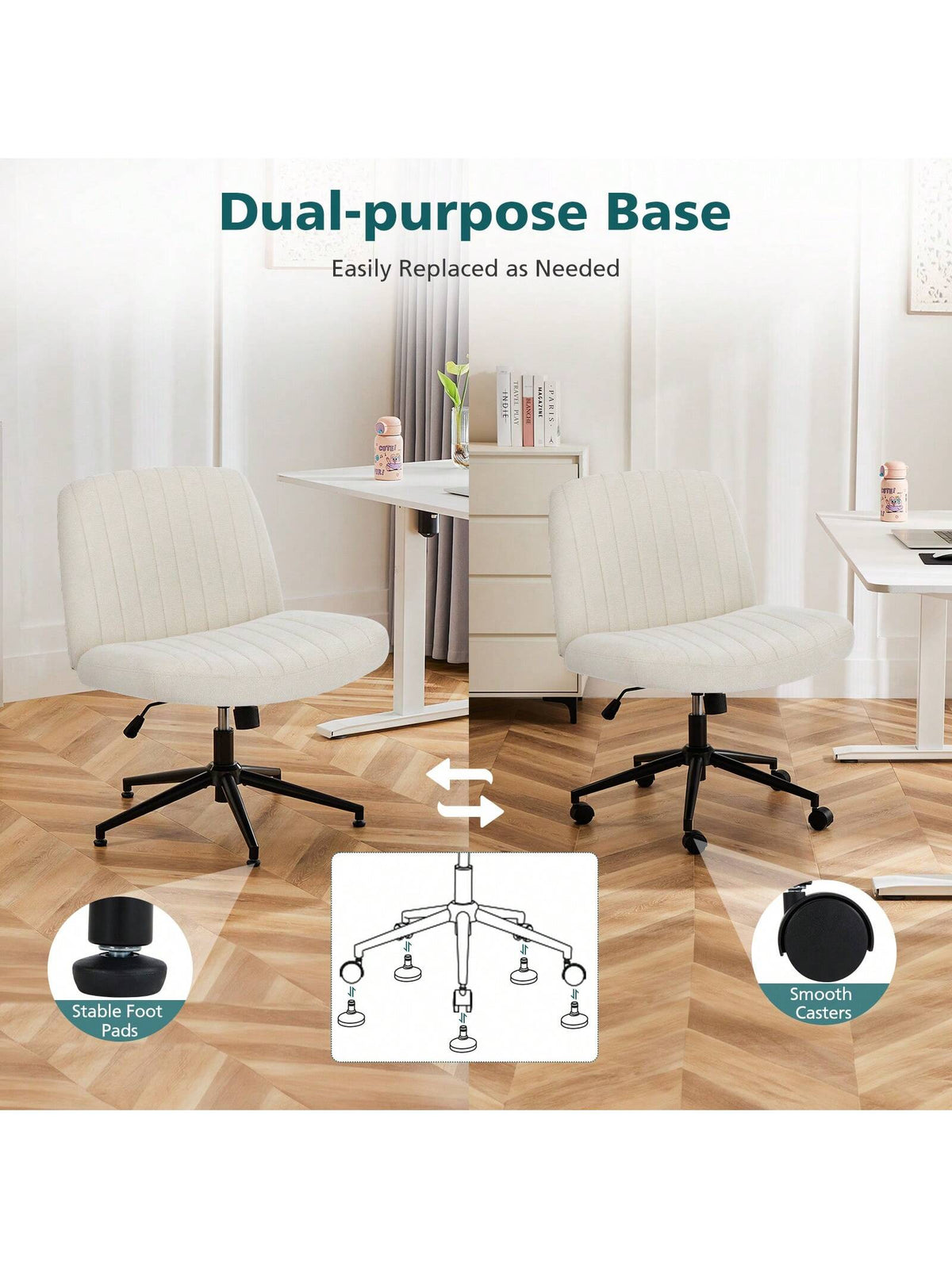 OLIXIS Criss Cross Legged Chair With Wheels, Home Office Desk Chair Wide Seat Fabric Armless Height Adjustable 360° Swivel Chair For Vanity/Work