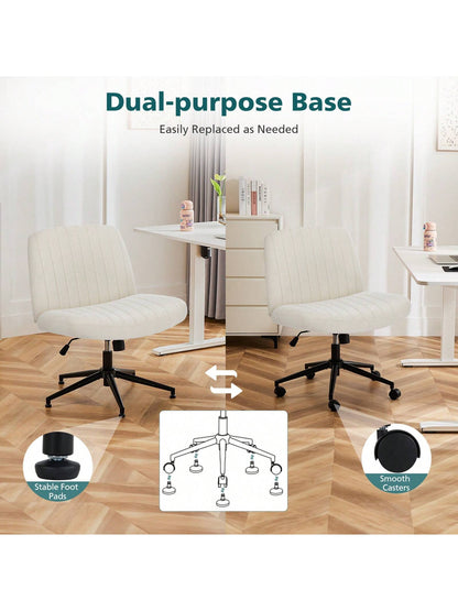 OLIXIS Criss Cross Legged Chair With Wheels, Home Office Desk Chair Wide Seat Fabric Armless Height Adjustable 360° Swivel Chair For Vanity/Work