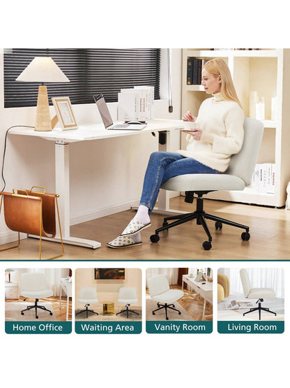 OLIXIS Criss Cross Legged Chair With Wheels, Home Office Desk Chair Wide Seat Fabric Armless Height Adjustable 360° Swivel Chair For Vanity/Work