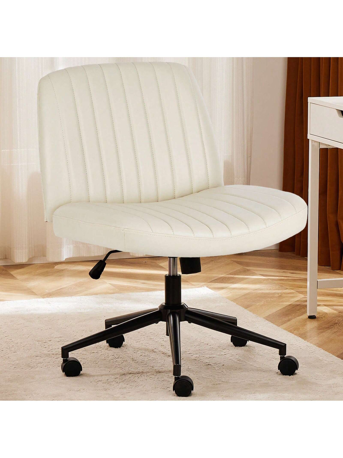 OLIXIS Criss Cross Legged Chair With Wheels, Home Office Desk Chair Wide Seat Fabric Armless Height Adjustable 360° Swivel Chair For Vanity/Work