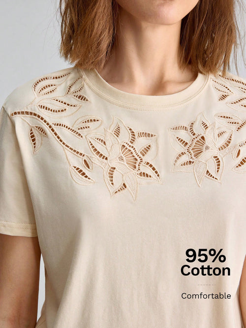Ontre 2026 Summer New Beige Sequin Women's T-Shirt, Loose Fit Hollow-Out Embroidery Knit Fabric, Elegant Casual Tea Party Everyday Travel, Minimalist Top