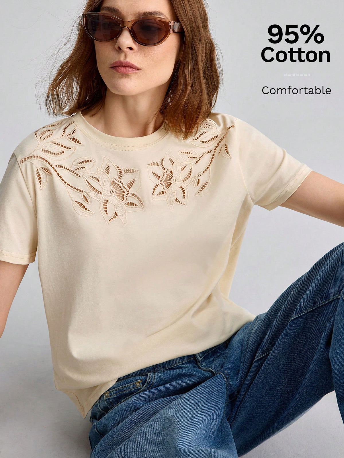 Ontre 2026 Summer New Beige Sequin Women's T-Shirt, Loose Fit Hollow-Out Embroidery Knit Fabric, Elegant Casual Tea Party Everyday Travel, Minimalist Top