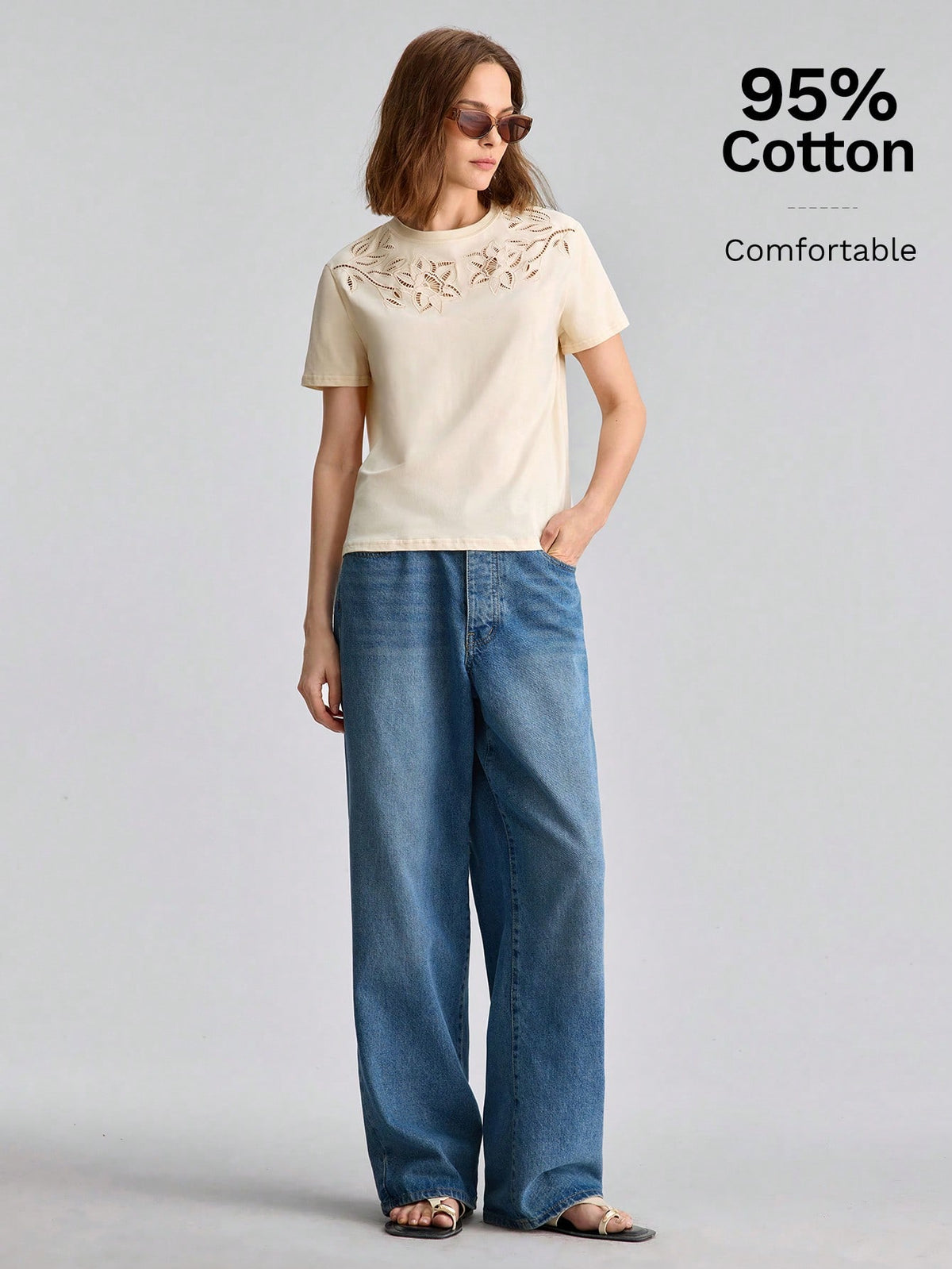 Ontre 2026 Summer New Beige Sequin Women's T-Shirt, Loose Fit Hollow-Out Embroidery Knit Fabric, Elegant Casual Tea Party Everyday Travel, Minimalist Top