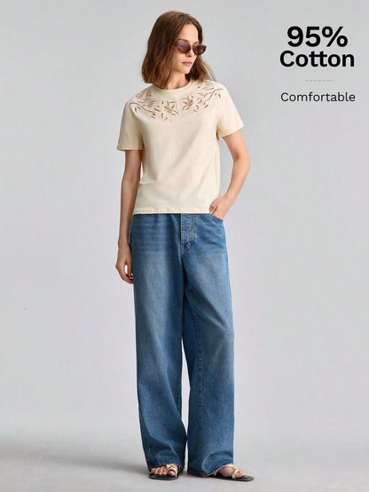 Ontre 2026 Summer New Beige Sequin Women's T-Shirt, Loose Fit Hollow-Out Embroidery Knit Fabric, Elegant Casual Tea Party Everyday Travel, Minimalist Top
