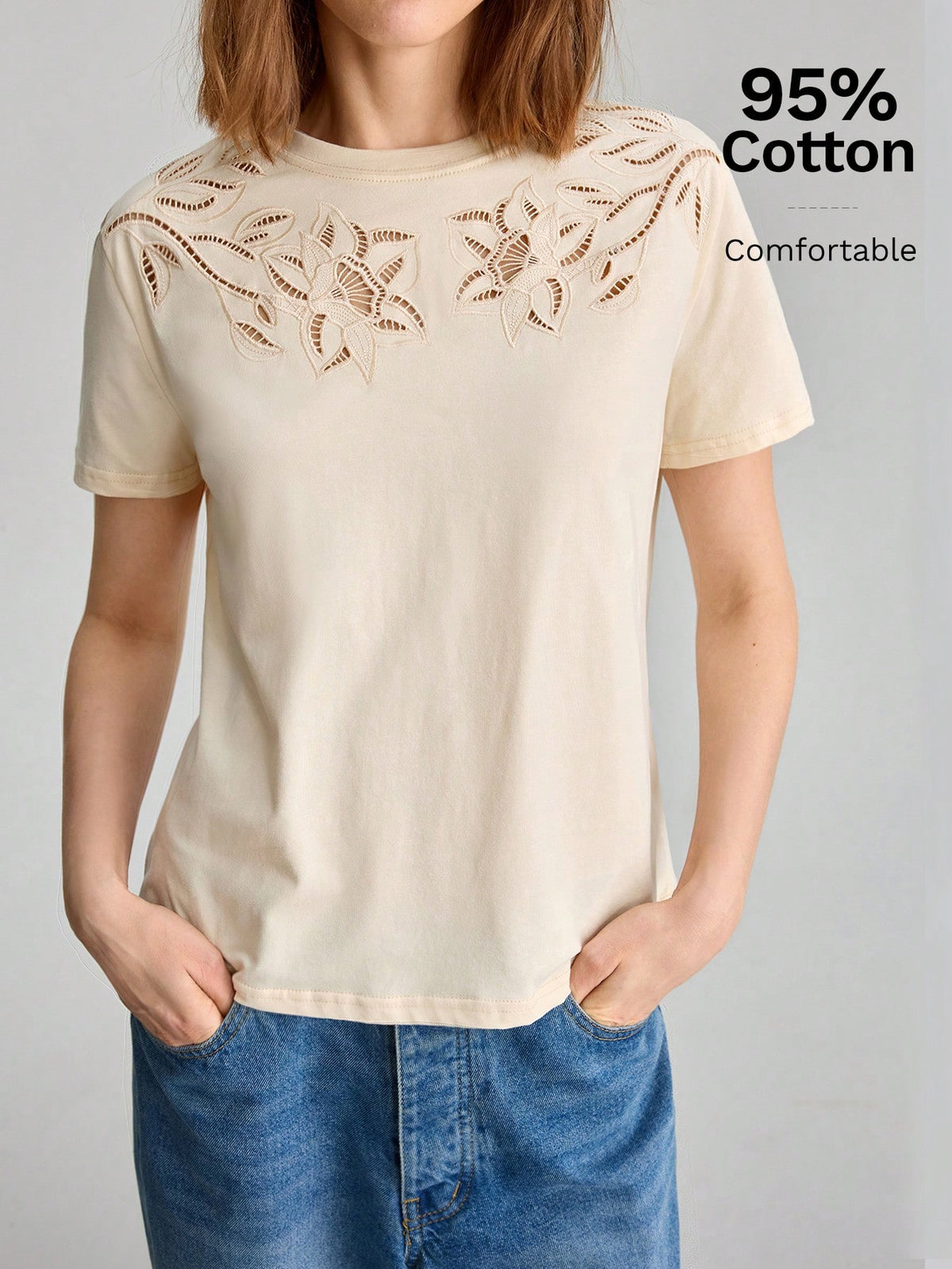 Ontre 2026 Summer New Beige Sequin Women's T-Shirt, Loose Fit Hollow-Out Embroidery Knit Fabric, Elegant Casual Tea Party Everyday Travel, Minimalist Top