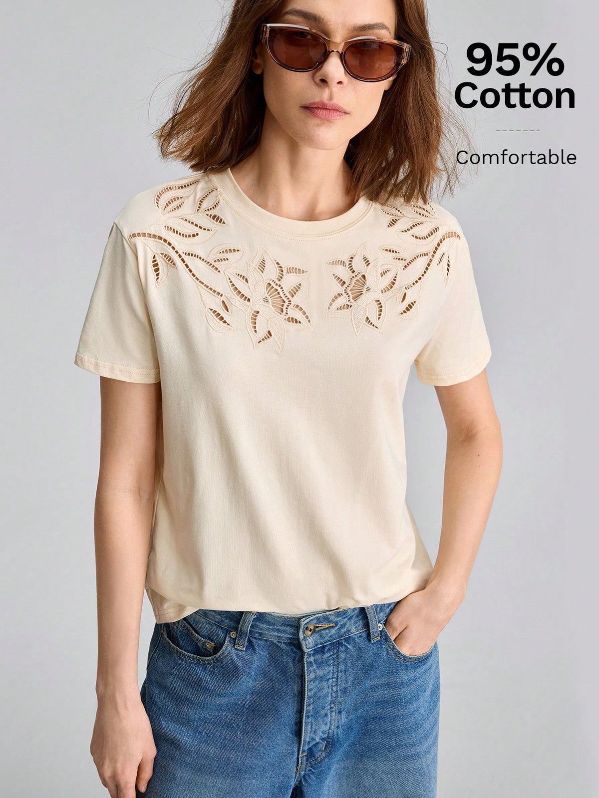 Ontre 2026 Summer New Beige Sequin Women's T-Shirt, Loose Fit Hollow-Out Embroidery Knit Fabric, Elegant Casual Tea Party Everyday Travel, Minimalist Top