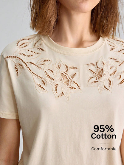 Ontre 2026 Summer New Beige Sequin Women's T-Shirt, Loose Fit Hollow-Out Embroidery Knit Fabric, Elegant Casual Tea Party Everyday Travel, Minimalist Top