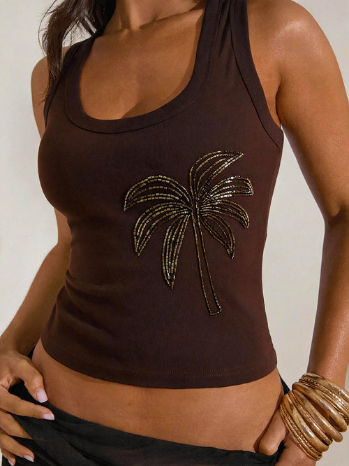 Opulessa Casual Sexy Tropical Solid Color Knitted Fitted Women's Tank Top Beach Vacation Brown And Gold Summer