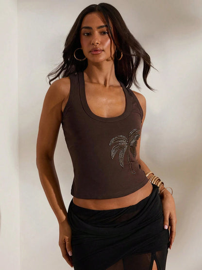 Opulessa Casual Sexy Tropical Solid Color Knitted Fitted Women's Tank Top Beach Vacation Brown And Gold Summer