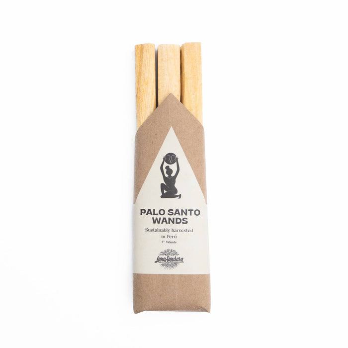 Palo Santo wands in a cardboard packaging with a white label on a white background