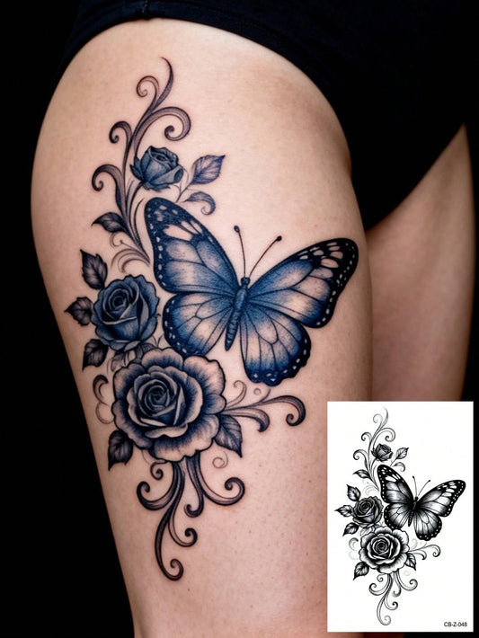 Permanent Y2K Rose Butterfly Pattern Large Arm Tattoo Sticker, 1-2 Weeks Waterproof Non-Fading Non-Reflective Sexy Tattoo Sticker For Chest, Waist, Abdomen, Thigh, Shoulder, Neck, Collarbone