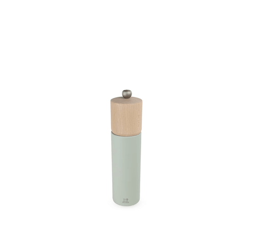 salt mill with wooden top and light green body on a white background