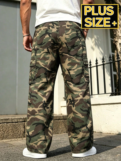 Plus Size Camo Cargo Jeans Men,Loose Fit Straight Leg Tactical Big And Tall Men Jeans, Multi-Pocket Outdoor Streetwear Casual Jeans With Stretch Waist