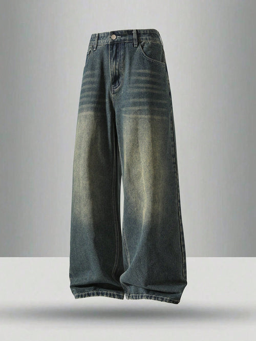 Plus Size Men's Distressed Washed Denim Jeans, Casual College Street Style