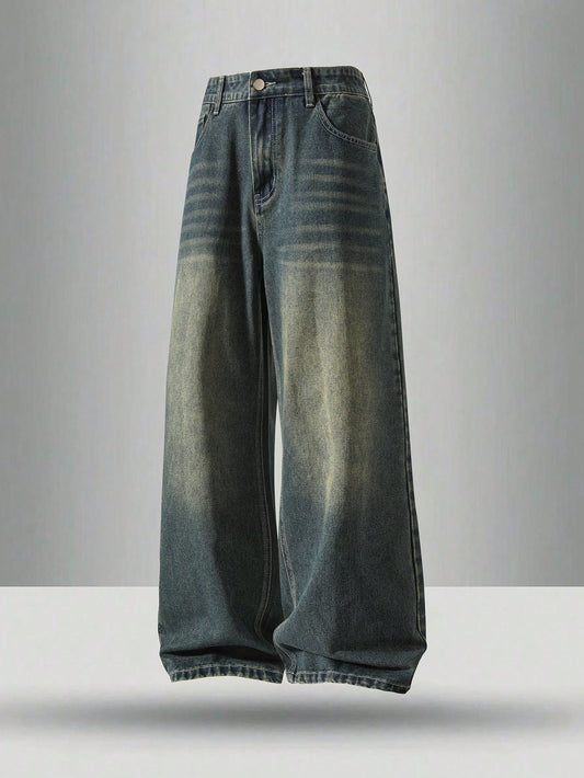 Plus Size Men's Distressed Washed Denim Jeans, Casual College Street Style