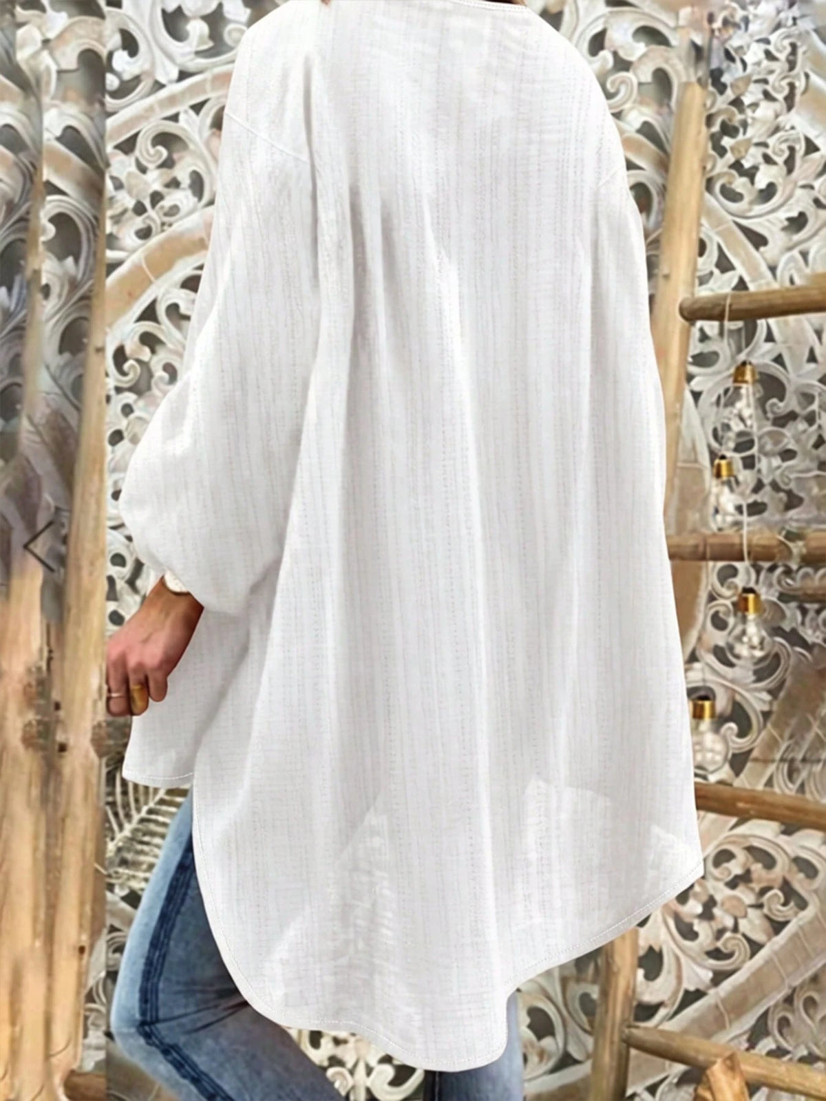Plus Size Women's Bohemian Style Vacation Loose V-Neck Top, Lightweight Faux Linen Texture Summer Country Style Beach White