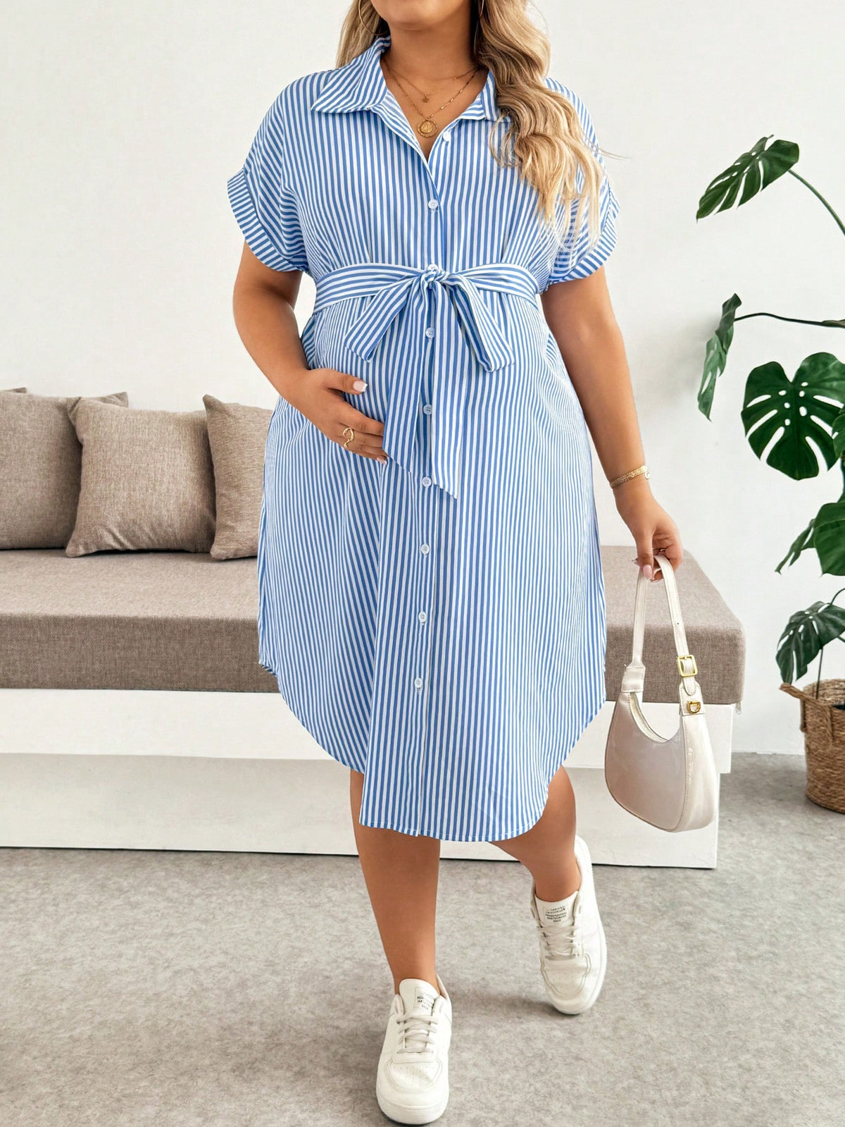 Plussiva Plus Size Maternity Striped Single-Breasted Tie-Waist Short Sleeve Casual Dress Beachwear Summer