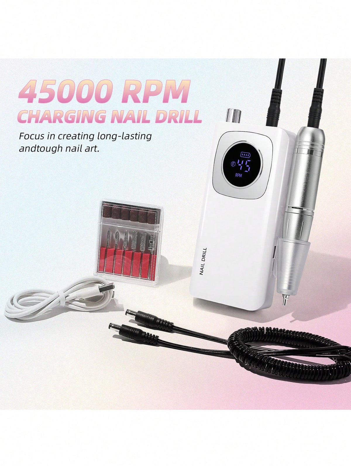 Portable 45000RPM Electric Nail Drill, Rechargeable Professional Tool For Acrylic Nail Removal, Polishing And Nail Art Salon