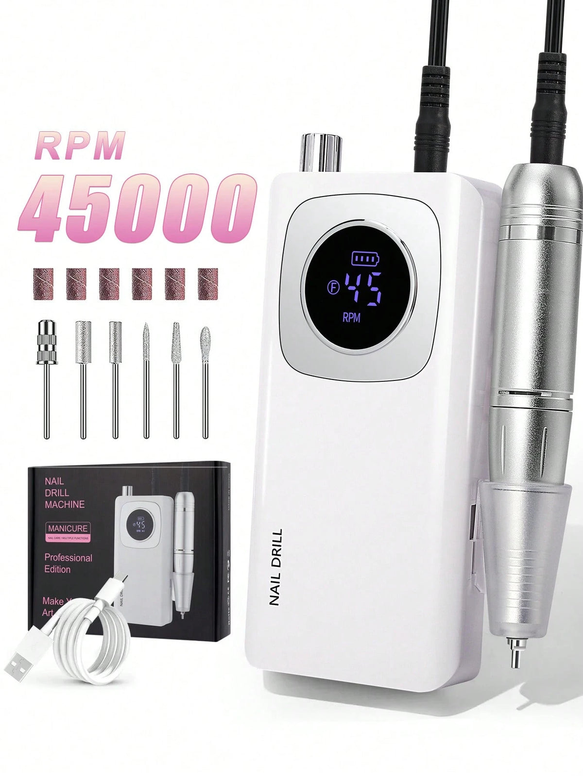 Portable 45000RPM Electric Nail Drill, Rechargeable Professional Tool For Acrylic Nail Removal, Polishing And Nail Art Salon