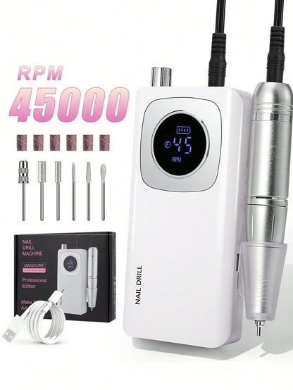 Portable 45000RPM Electric Nail Drill, Rechargeable Professional Tool For Acrylic Nail Removal, Polishing And Nail Art Salon