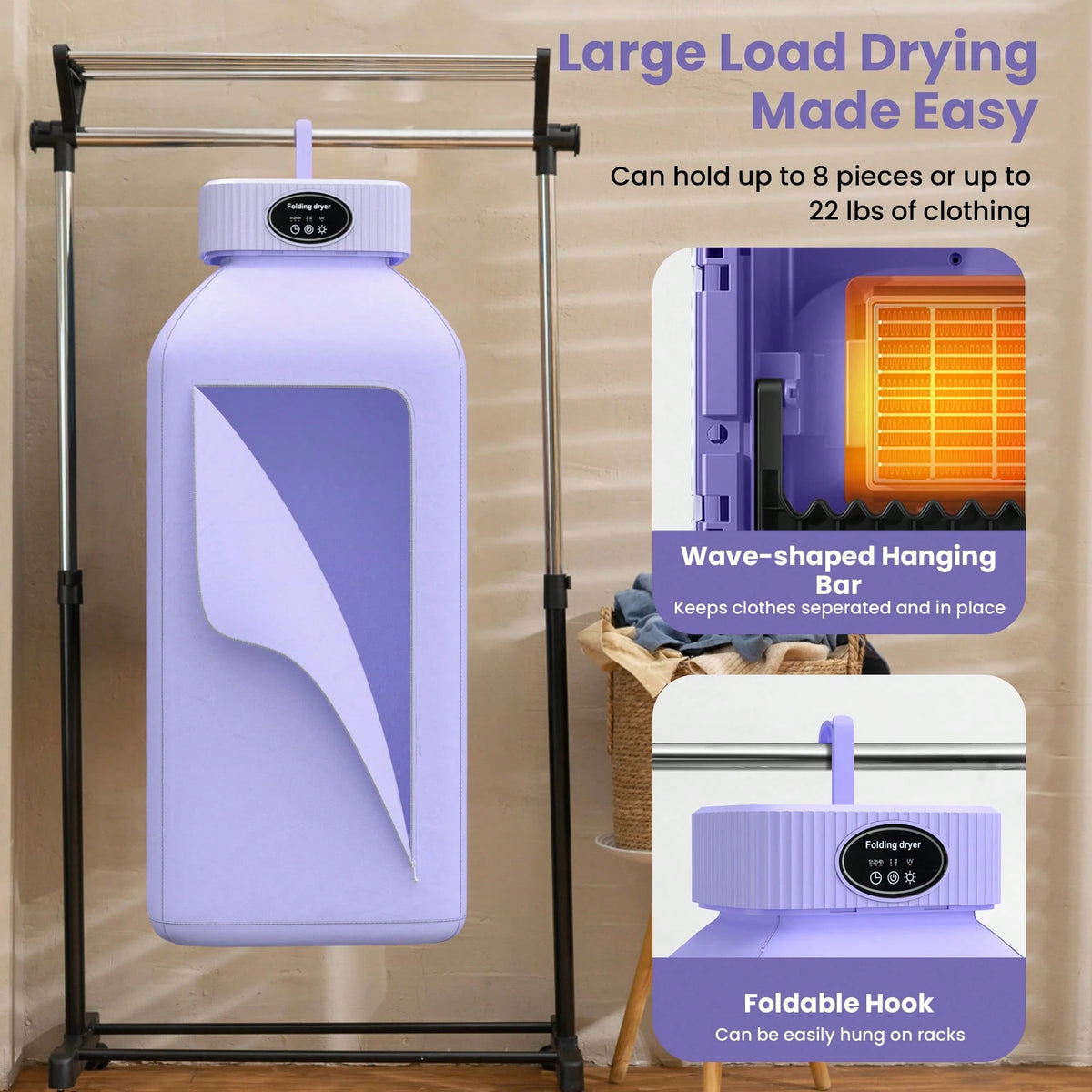 Portable Clothes Dryer, Mini Dryers For Laundry, Small Foldable Electric Compact Drying Machine For Travel,RV, Home And Apartment, With Dry Bag- Purple