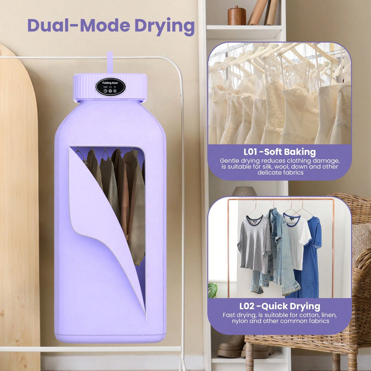 Portable Clothes Dryer, Mini Dryers For Laundry, Small Foldable Electric Compact Drying Machine For Travel,RV, Home And Apartment, With Dry Bag- Purple