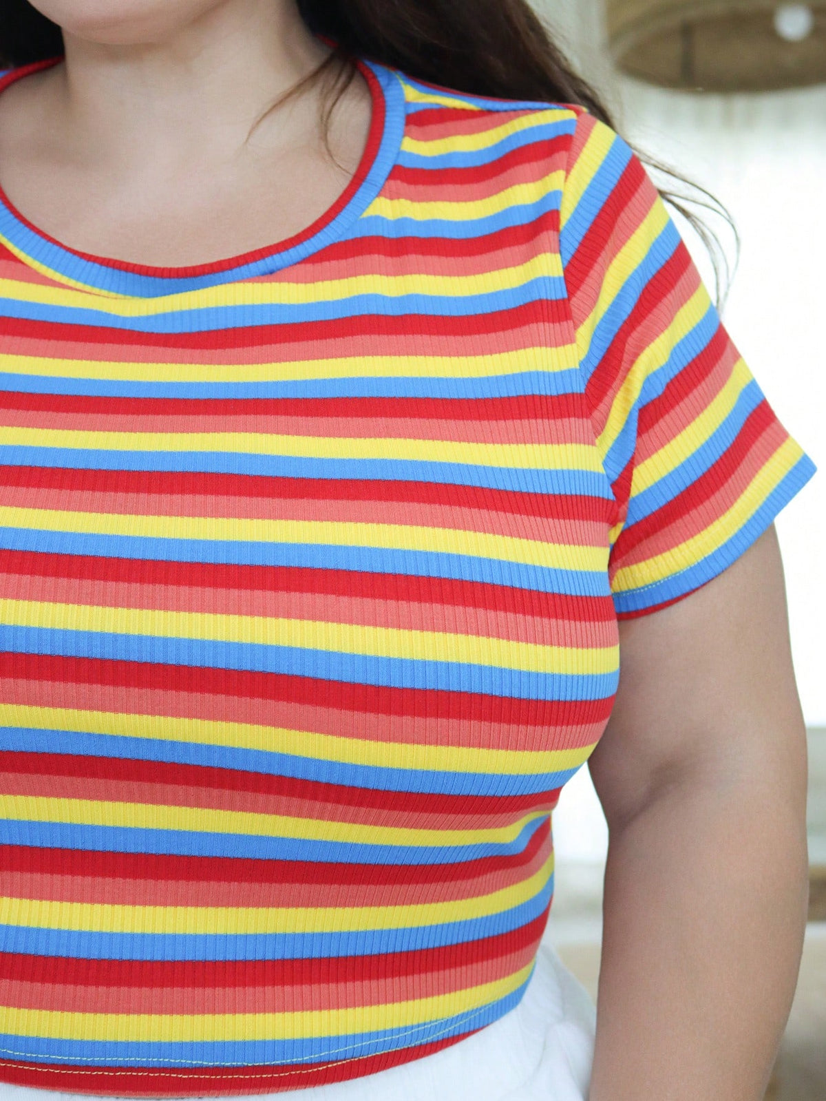 Pretty and Ole Plus Size Women's LGBT Pride Month Rainbow Striped Pattern Short Sleeve Casual T-Shirt, Fashionable For Summer